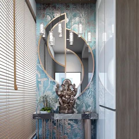 Render of an entrance foyer with a teal palm-print wallpaper wall, an interlocking gold-ring mirror, a cluster of cylinder pendant lights
