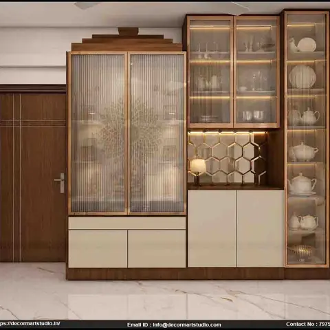 Render of an entrance foyer with a fluted-glass crockery display cabinet and a backlit hexagonal mirror panel, beside the panelled main door.