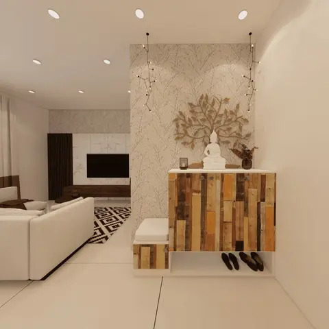 Render of an entrance foyer with a reclaimed-wood console housing a Buddha statue and metal tree wall art, a patterned wallpaper divider wall