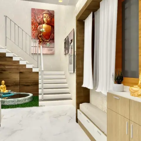 Render of an entrance foyer with a white open-riser staircase, a stone water bowl and small gold Buddha set into an artificial-grass pocket beneath the stair