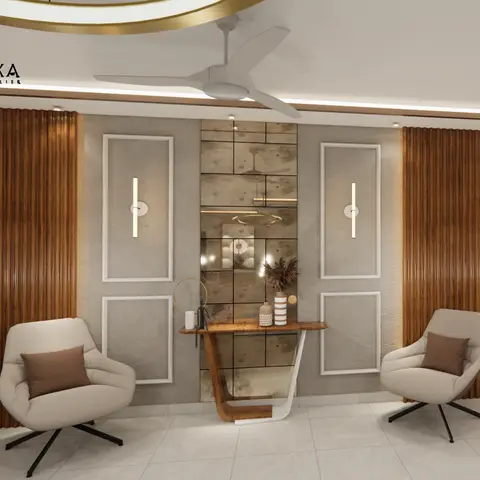Render of an entrance foyer with fluted-wood-panelled walls, an antiqued mirror console nook, and two beige swivel accent chairs.