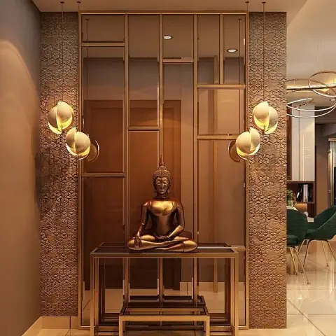 Render of an entrance foyer with a bronze meditating Buddha statue on a console table
