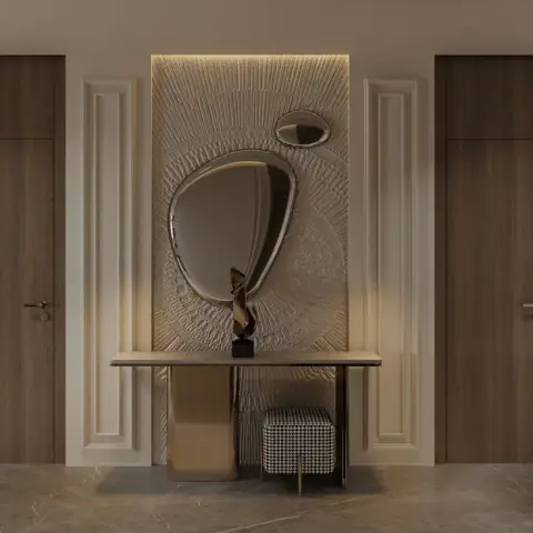 Render of an entrance foyer with a backlit textured stone wall, an organic-shaped mirror, a sculptural gold-base console table