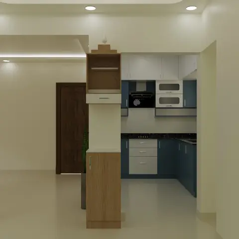 Render of an entrance foyer with a tall wood storage unit leading into an L-shaped white-and-blue kitchen beyond.