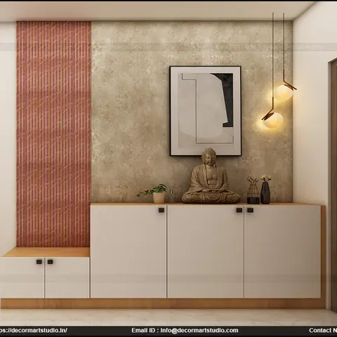 Render of an entrance foyer with a white and wood shoe cabinet below a textured stone-look wall, framed abstract art, a Buddha statue