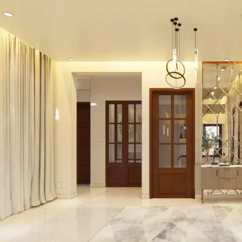 Render of an entrance gallery with floor-to-ceiling curtains along both walls, a geometric diamond mirror panel above a fluted console table