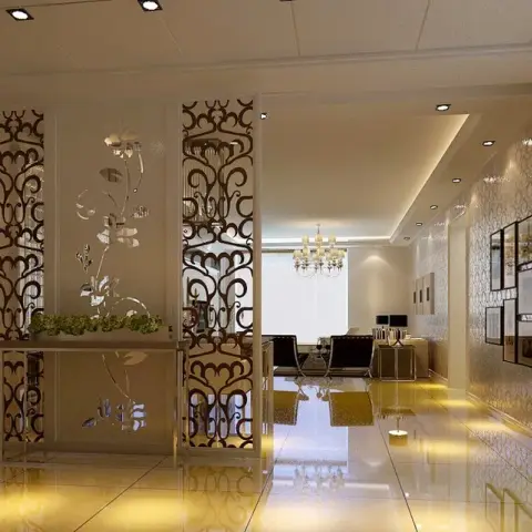 Render of an entry foyer screened off from the living room by a scroll-pattern CNC partition carrying a mirrored floral appliqué