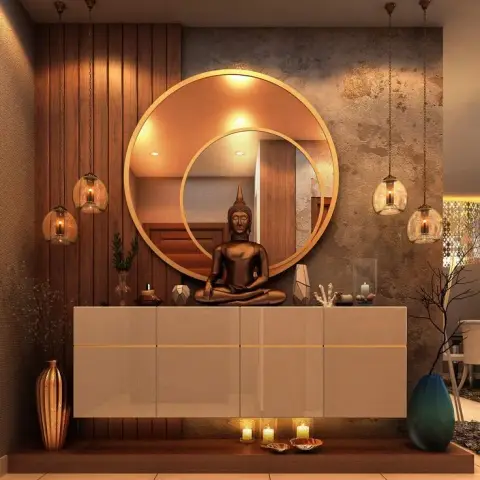 Render of an entry foyer: two overlapping brass-rimmed round mirrors over a wall-hung white gloss shoe console carrying a seated bronze Buddha