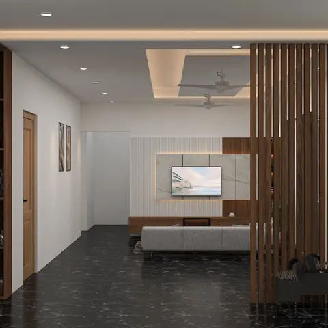 Render of an entry foyer with a console table and framed photographs, opening past a vertical wood-slat partition into a living room with a stone-clad TV unit