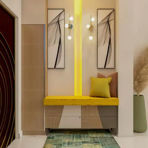 Render of an entry foyer with a mustard upholstered seat over a mixed-texture shoe cabinet