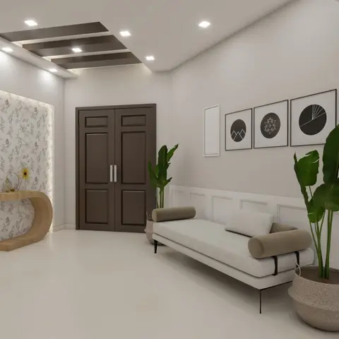 Render of an entry hall with a dark panelled double main door, a curved oak console standing in a backlit niche papered in grey botanical toile