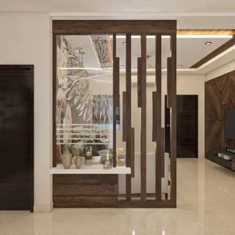 Render of an entry partition: dark wood fins of varying widths rising off a white console ledge styled with ceramic vases, backed by an etched-glass panel