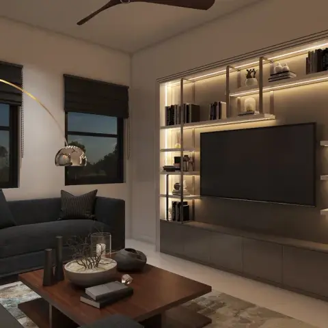 Render of an evening-lit living room with a charcoal sectional sofa, a two-tier wood coffee table, and an open backlit shelving unit with a wall-mounted TV.