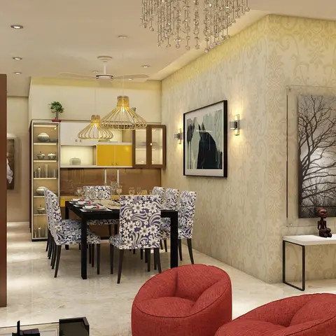 Render of an Indian eight-seater dining set with blue-and-white floral upholstered chairs, backed by a cream damask wallpaper wall