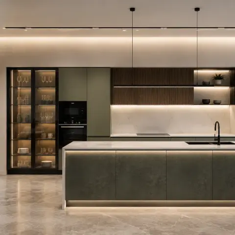 Render of an island kitchen with an olive-green stone-clad island lit from a plinth shadow gap, a backlit black-framed glass crockery tower