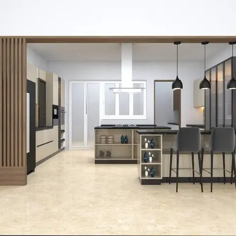 Render of an island kitchen with glossy beige cabinets, a black stone countertop, three black pendant lights over a breakfast bar