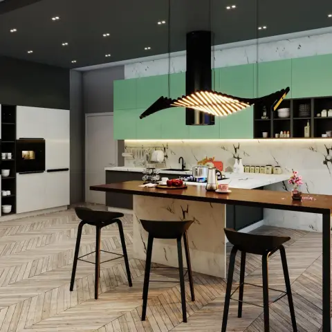 Render of an island kitchen with sage-green upper cabinets, book-matched white marble backsplash, herringbone wood flooring