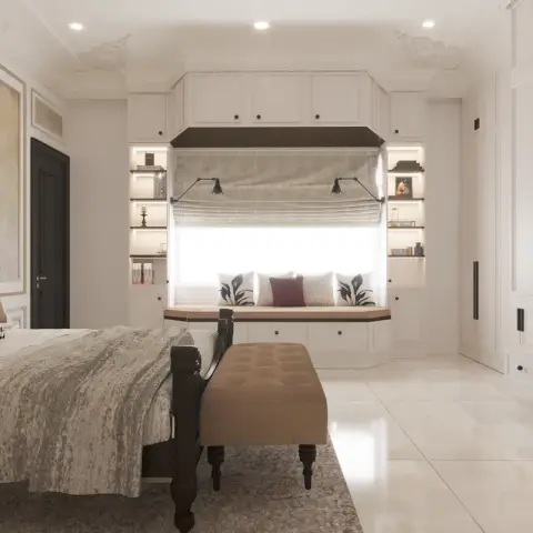 Render of an ivory bedroom where a cushioned window seat with drawer storage sits between lit bookshelf columns under a pelmet