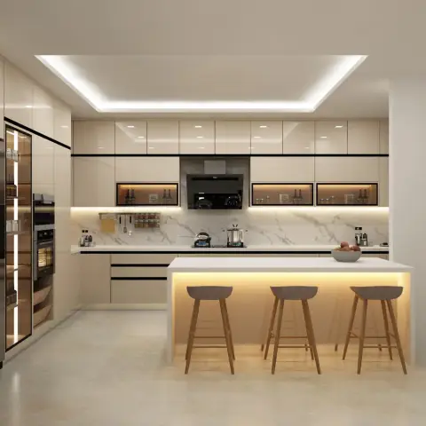 Render of an ivory gloss kitchen with a backlit island and three timber bar stools, lit niches in the wall-unit run and a cove-lit ceiling raft over the island