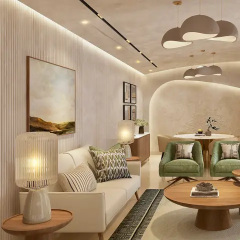 Render of an ivory living room with a fluted plaster wall behind a cream sofa and ribbed glass table lamps