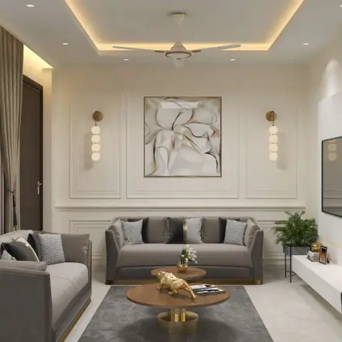 Render of an ivory moulding-panelled living room where two grey velvet sofas face a two-tier walnut coffee table with a gold leopard figurine