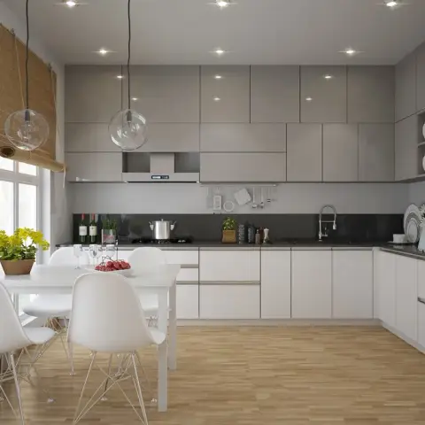 Render of an L-shaped handleless kitchen in matte white and grey-beige gloss running to the ceiling
