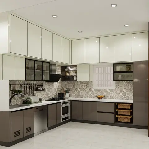 Render of an L-shaped kitchen with cream and taupe glossy shutters, a patterned encaustic-tile backsplash, a built-in oven and dishwasher