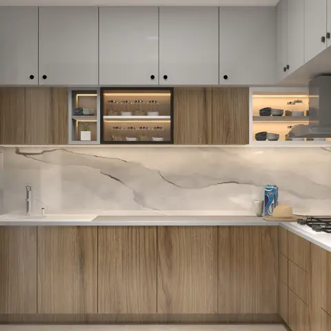 Render of an L-shaped kitchen in oak-grain lowers and mid uppers with a grey gloss top tier