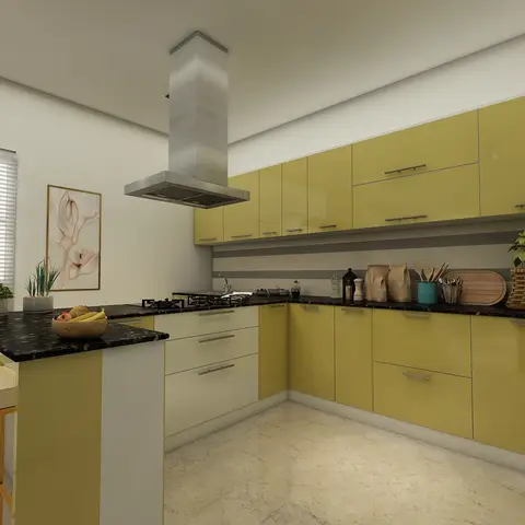 Render of an L-shaped kitchen with glossy mustard-yellow cabinets, a black granite countertop, a grey-striped backsplash