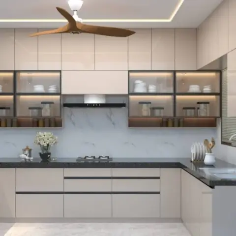 Render of an L-shaped kitchen with glossy beige cabinetry, glass-front upper cabinets displaying crockery under LED strip lighting