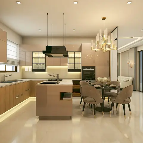 Render of an L-shaped kitchen in blush high-gloss and oak shutters with a hob island under a black island chimney, glass-fronted crockery cabinets