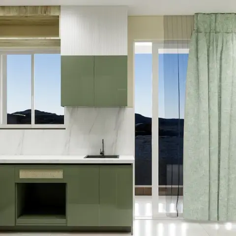 Render of an L-shaped kitchen in olive gloss shutters with a white marble counter and full-height marble backsplash