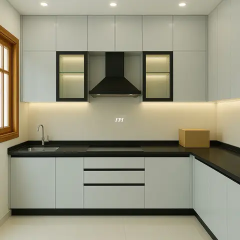 Render of an L-shaped modular kitchen with pale grey handleless cabinetry, a black chimney hood flanked by glass-front lit display units