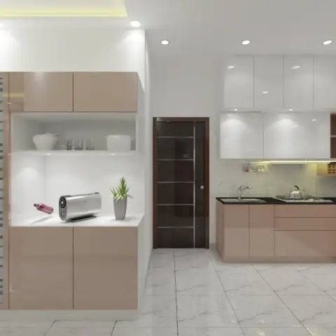 Render of an L-shaped modular kitchen with glossy dusty-peach shutters, black granite countertops, marble-effect backsplash