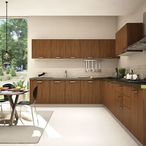 Render of an L-shaped walnut kitchen with slim steel bar handles and a hanging utensil rail
