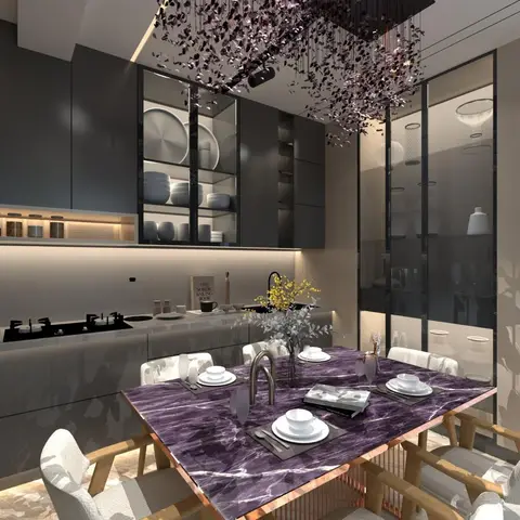 Render of an open dining and kitchen space with a large amethyst-marble dining table for six, a sculptural floral chandelier overhead