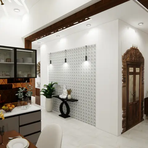 Render of an open dining-and-entry zone with a glass-shutter crockery unit, a textured white wall niche with a console table