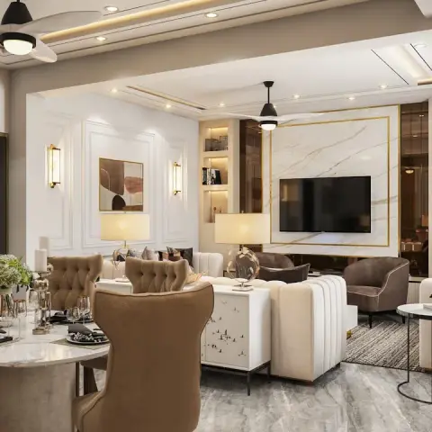 Render of an open dining-and-living floor where tufted mocha wingback chairs surround a laid round marble table in the foreground