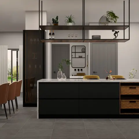 Render of an open dining-and-kitchen space with a black-cabinetry island under a hanging shelf unit, and a marble dining table seating five.