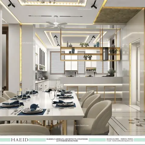 Render of an open dining and kitchen space with a gold-trimmed multi-tier POP ceiling, a floating gold-framed display shelf