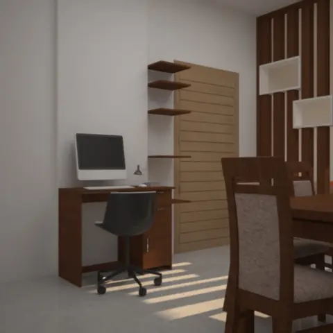 Render of an open dining and study area with a wood dining table and chairs, a built-in desk with corner shelving