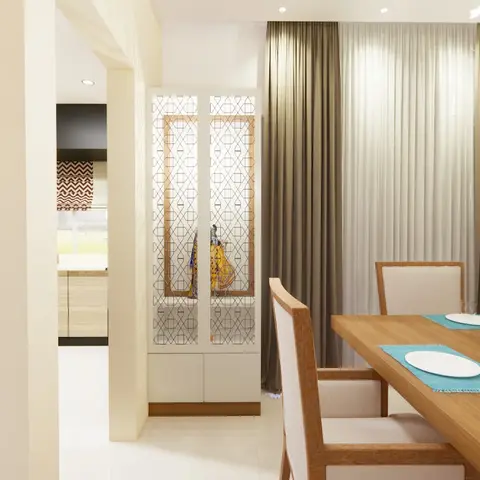 Render of an open dining area with a wood table set for two in teal placemats, a fretwork-front pooja cabinet in the hallway