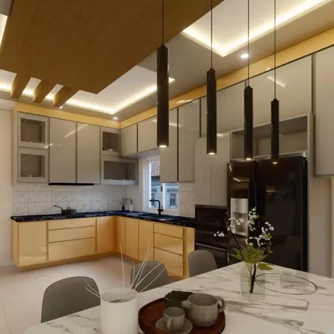 Render of an open dining-kitchen space with a marble dining table under four black cylindrical pendant lights