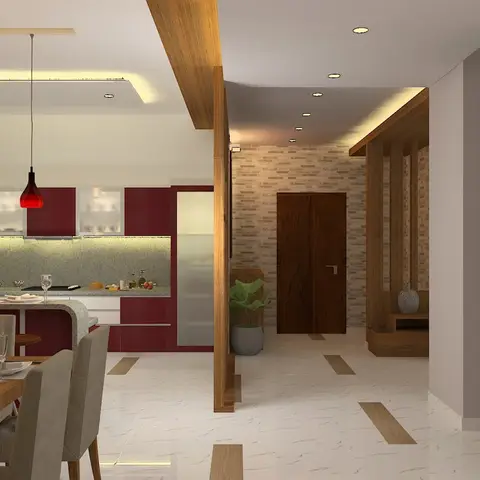 Render of an open dining-kitchen: three red teardrop pendants over a laid wooden dining table