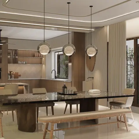Render of an open dining-kitchen space with a brown-marble dining table and bench seating beneath three glass globe pendant lights