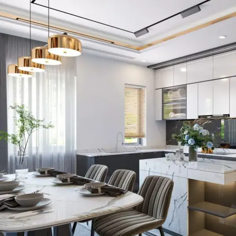 Render of an open dining zone: an oval marble table laid for six under a row of polished gold drum pendants