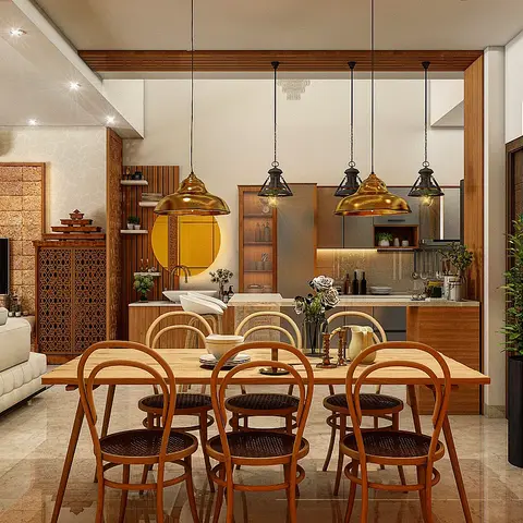 Render of an open dining zone with a wood table surrounded by bentwood cane-seat chairs under a row of amber glass pendant lights, kitchen visible beyond.