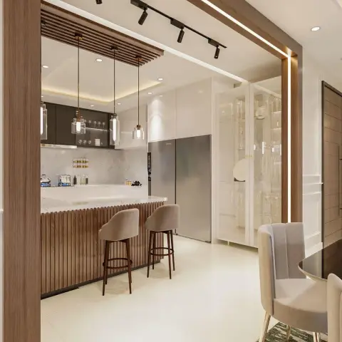 Render of an open kitchen seen through a wood-clad portal, with a fluted-teak breakfast counter and two beige bar stools