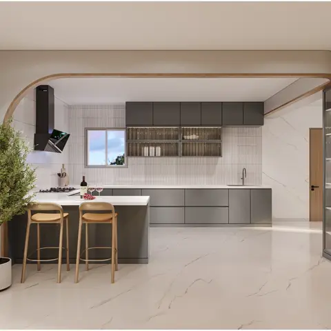 Render of an open kitchen with matte grey handleless cabinetry, a ribbed-tile backsplash, a marble-look floor and wall