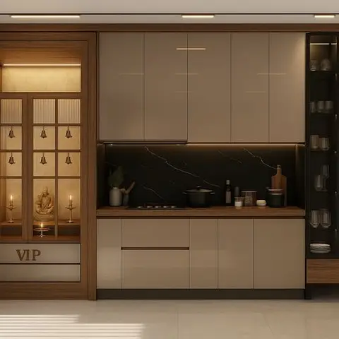 Render of an open kitchen with taupe handleless upper and lower cabinets, a black marble backsplash, a glass-fronted display cabinet with a pendant light